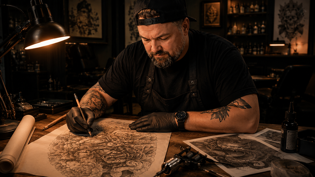Großes Rücken-Tattoo in Arbeit im Atmo Studio Berlin – Sleeve und Backpiece Planung