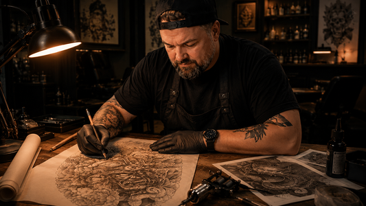 Großes Rücken-Tattoo in Arbeit im Atmo Studio Berlin – Sleeve und Backpiece Planung