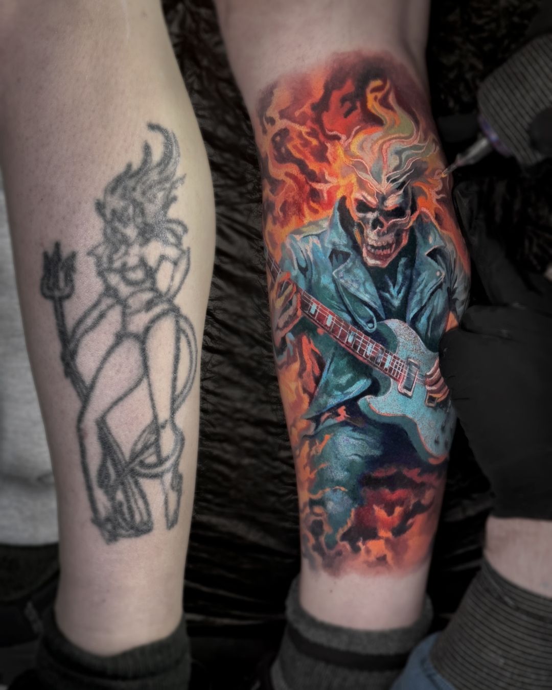 Altes Tattoo vor Cover Up am Bein Berlin