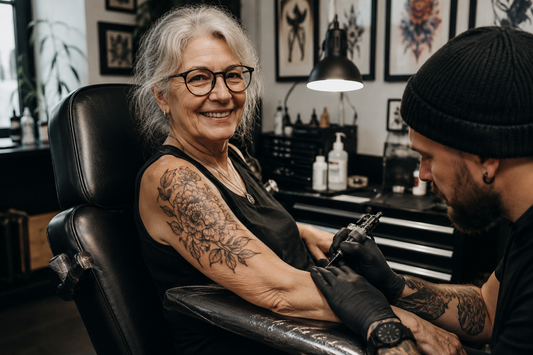 Tätowierte Frau über 60 in einem modernen Tattoo Studio in Berlin