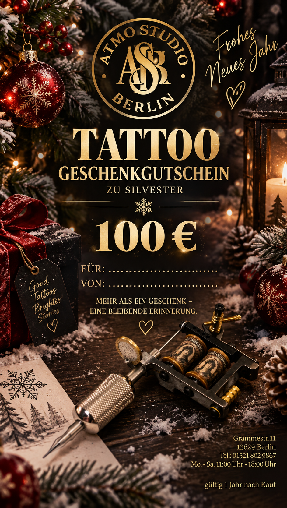 A festive Christmas-themed promotional voucher design for a tattoo gift card. The central text reads 'TATTOO GESCHENKGUTSCHEIN ZU SILVERSTER 100 €' in gold lettering.