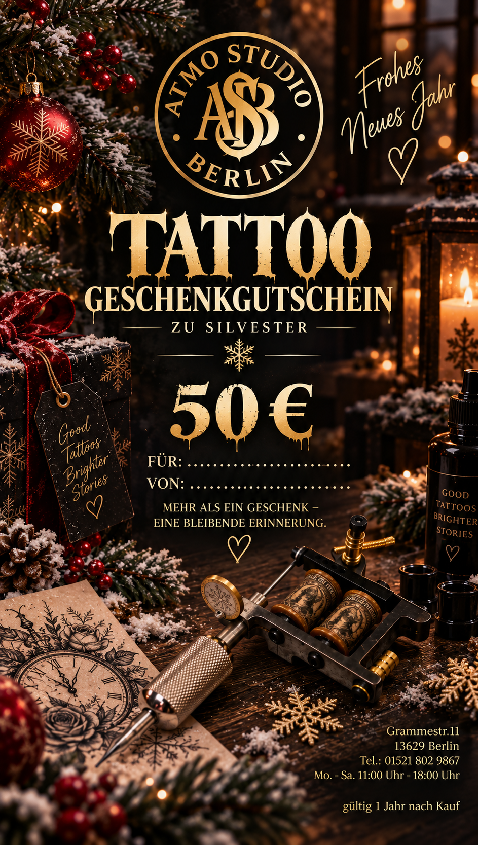 A festive Christmas-themed promotional voucher graphic for Atmo Studio Berlin tattoo services, featuring a 50€ offer for Christmas. The design includes a gold and black Atmo Studio Berlin logo at the top, with a background of pine branches, ornaments, candles, and tattoo tools, decorated with snowflake graphics.