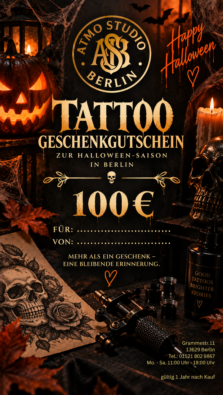 A Halloween-themed promotional voucher graphic for Atmo Studio Berlin tattoo artist. The design features a black background with a circular gold logo at the top, the text 'Happy Halloween' and 'TATTOO GESchenkgutschein' in gold, and a '100€' price.