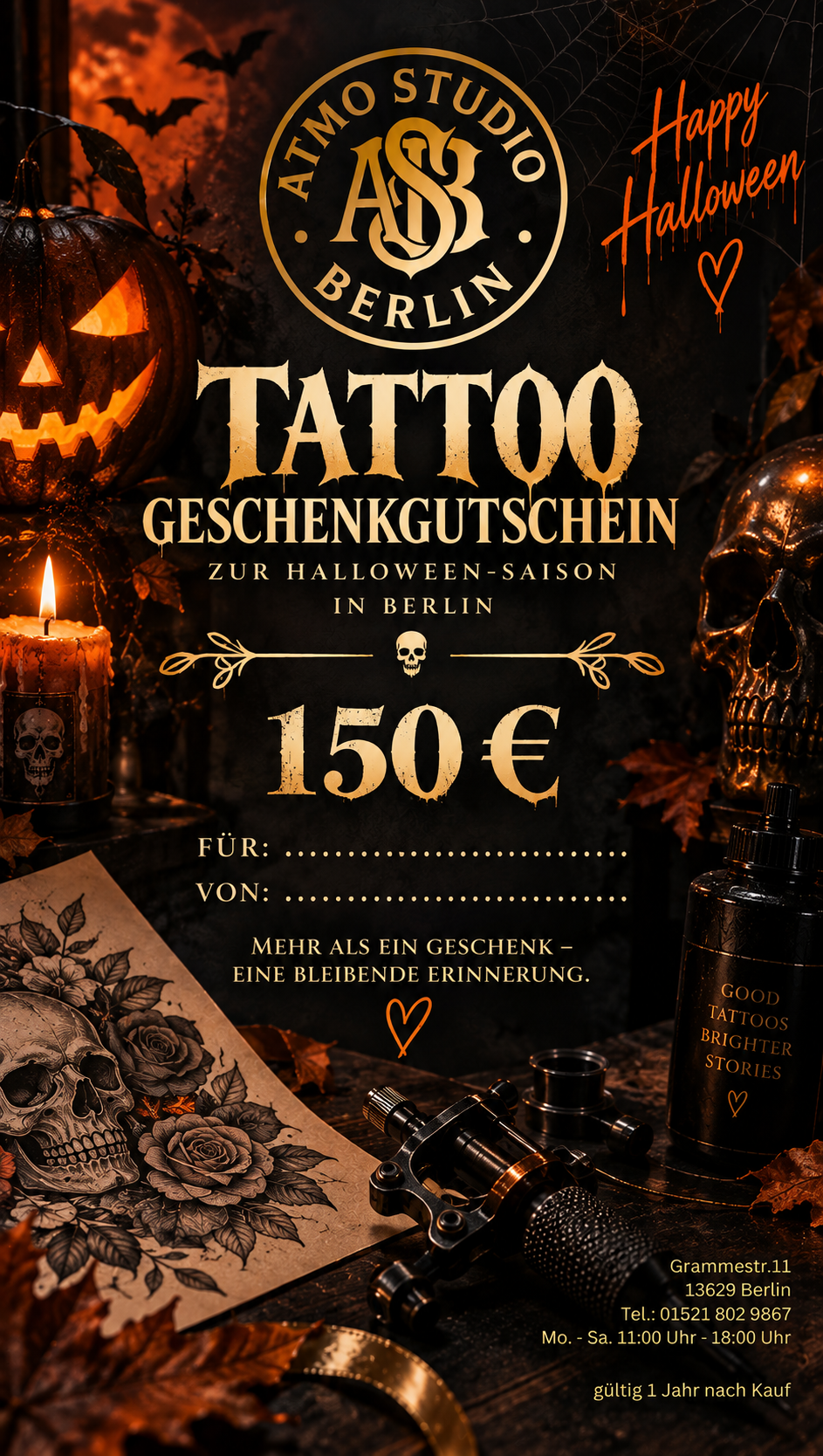 Promotional graphic for a Halloween-themed gift certificate from Atmo Studio Berlin. The design features a dark background with a jack-o'-lantern, a lit candle, a tattoo machine, and a tattoo bottle, framing the text 'TATTOO GESchenkgutschein' and 'Happy Halloween' in gold and orange lettering.