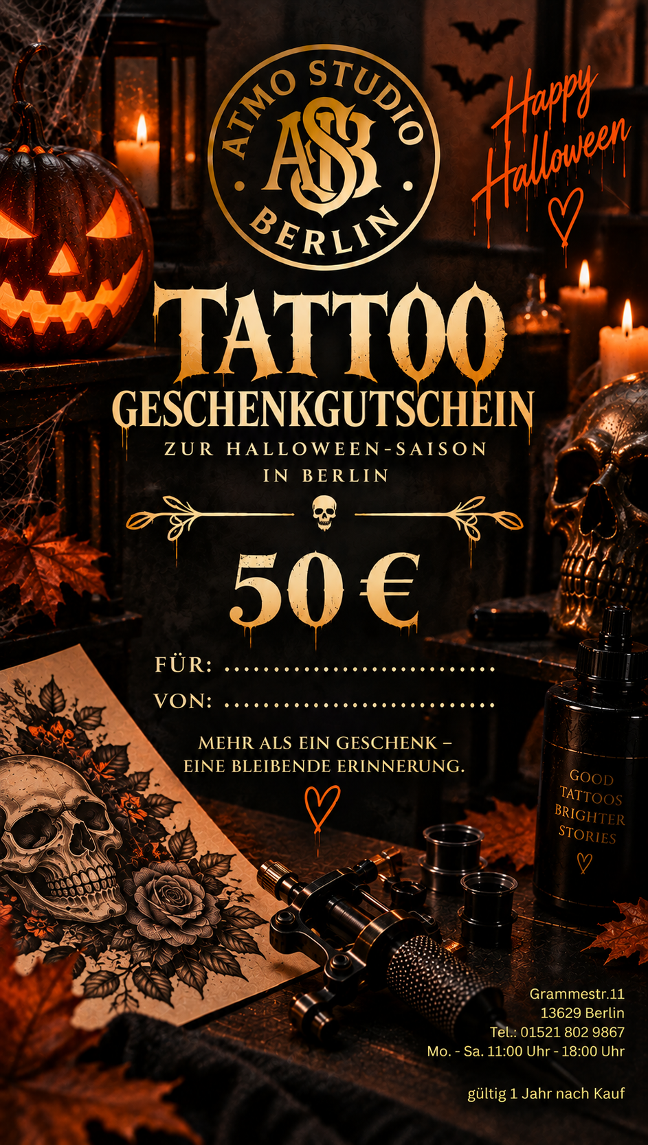 Halloween-themed promotional voucher graphic for Atmo Studio Berlin tattoo artist. The design features a black background with gold text reading 'TATTOO GESchenkgutschein' and '50€', surrounded by spooky illustrations and photos including a carved pumpkin, skull, candles, and tattoo pen.