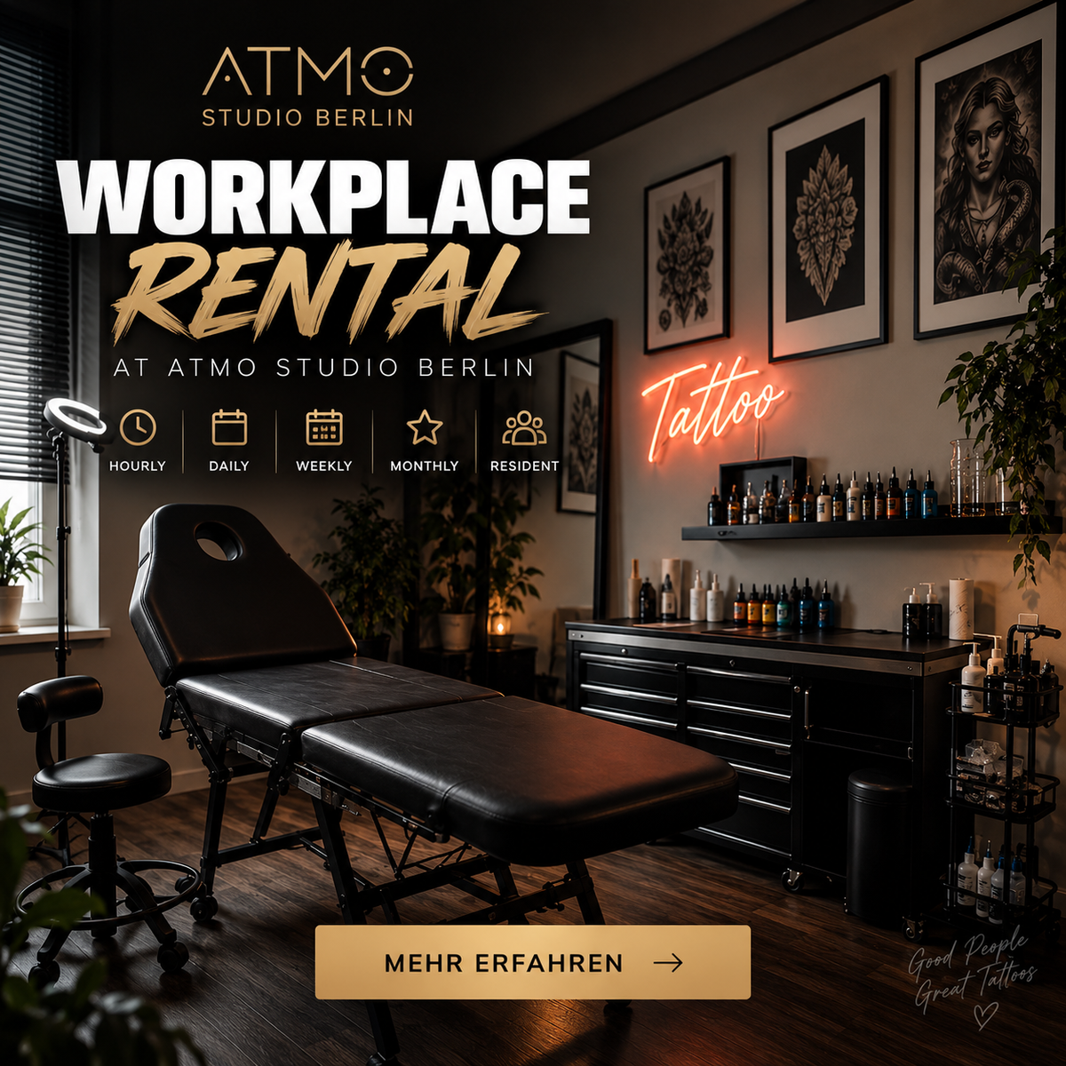 Promotional graphic for a tattoo studio workspace rental, featuring a black leather tattoo table in a dark, stylishly decorated room with framed wall art, a neon tattoo sign, and shelves of tattoo ink and supplies. Large text reads 'ATMO STUDIO BERLIN' and 'WORKPLACE RENTAL'.